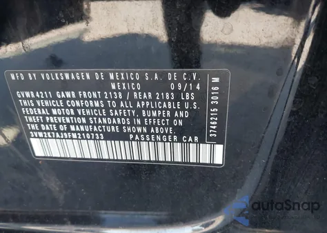 2015 Volkswagen Jetta 2.0L S из США, поврежденный, VIN 3VW2K7AJ9FM210733